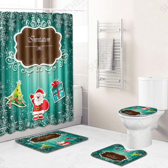 Santa Claus Christmas Fabric Shower Curtain Set Bathroom Mat Toilet Cover