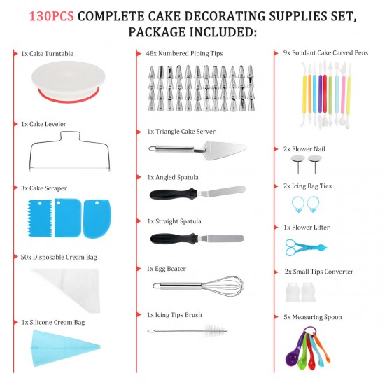 130Pcs Cake Decorating Kit Baking Fondant Supplies Turntable Bag Tip Spatula Tools Kit