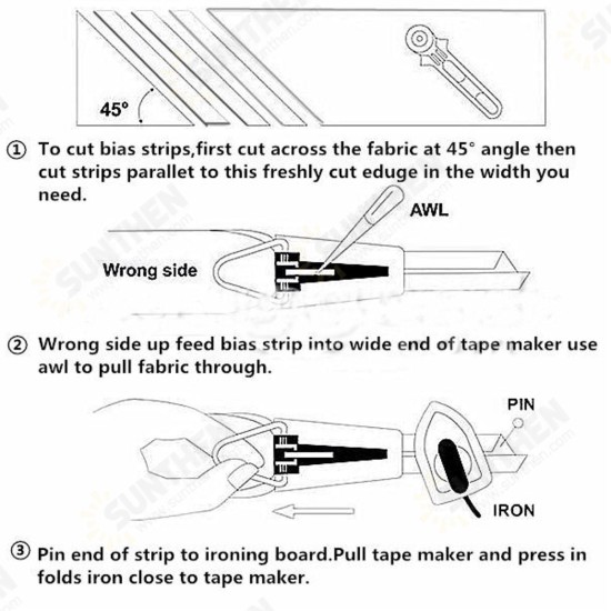 6/12/18/25mm Fabric Bias Binding Tape Maker Kit Set Binder Foot For Sewing Quilting + AWL