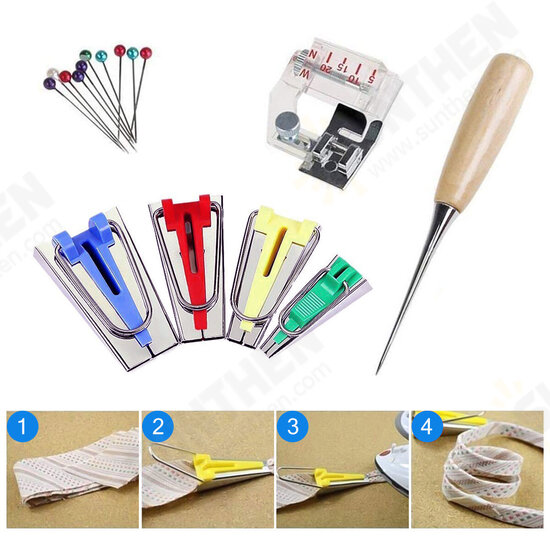 Sewing Tape Maker Kits 4 Sizes 6/12/18/25MM Household DIY Fabric Patchwork Accessories Tool with Binding Foot Craft Clips Awl Quilter's Pin