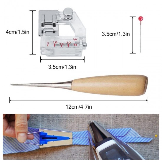Sewing Tape Maker Kits 4 Sizes 6/12/18/25MM Household DIY Fabric Patchwork Accessories Tool with Binding Foot Craft Clips Awl Quilter's Pin