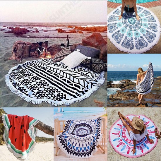 150cm Pure Cotton Cut Pile Printing Round Beach Towel Yoga Mat Bed Sheet Tapestry Tablecloth