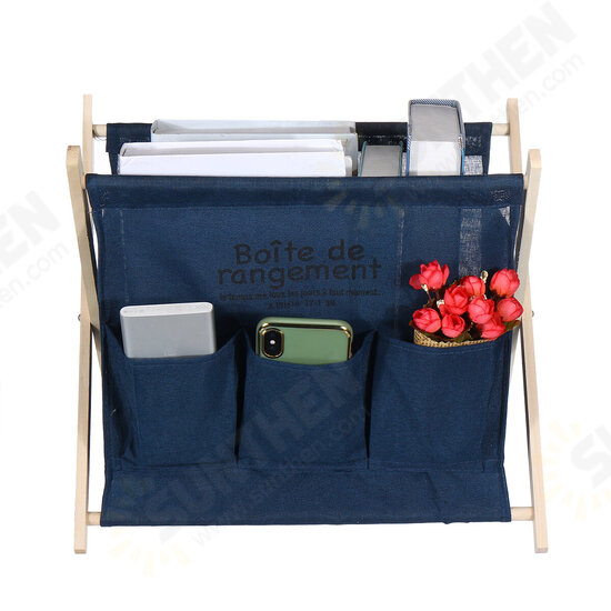 Wooden Foldable Large Capacity Desktop Storage Basket Portable Magazine Newspaper Rack With Side Pockets