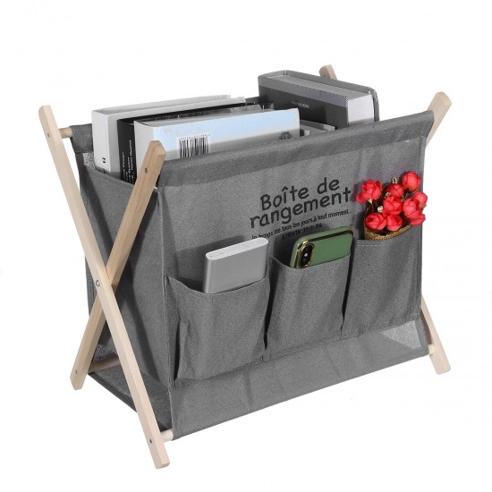 Wooden Foldable Large Capacity Desktop Storage Basket Portable Magazine Newspaper Rack With Side Pockets