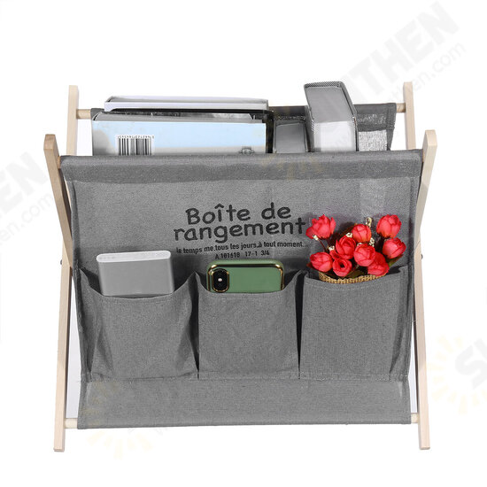 Wooden Foldable Large Capacity Desktop Storage Basket Portable Magazine Newspaper Rack With Side Pockets