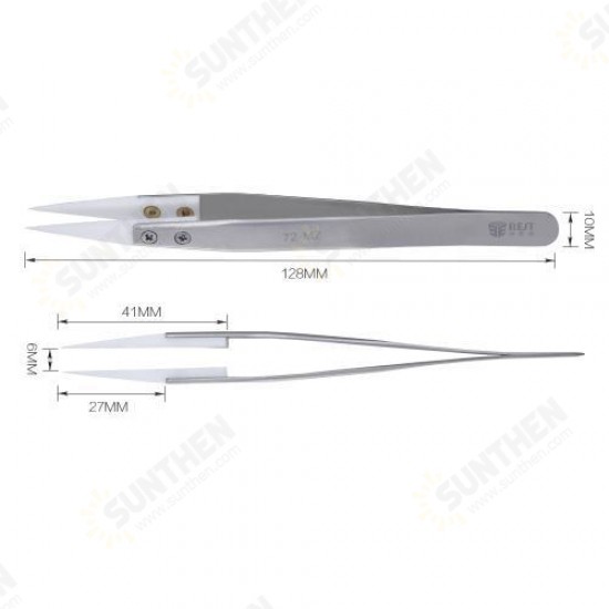 BST-72-MZ Anti-acid Ceramic Tipped Stainless Steel Tweezer Fine Pointed Tips With Heat Resistance 128x10mm