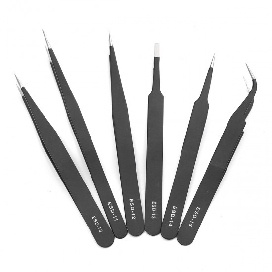 6Pcs Safe Anti-static Tweezers Maintenance Repair Nippers Forceps Tools Kit ESD10-15