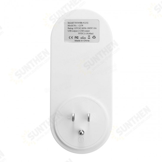 US Plug 110-230V 1250W WIFI Assistant 2 USB Alexa Voice Control APP Smart Socket Charger