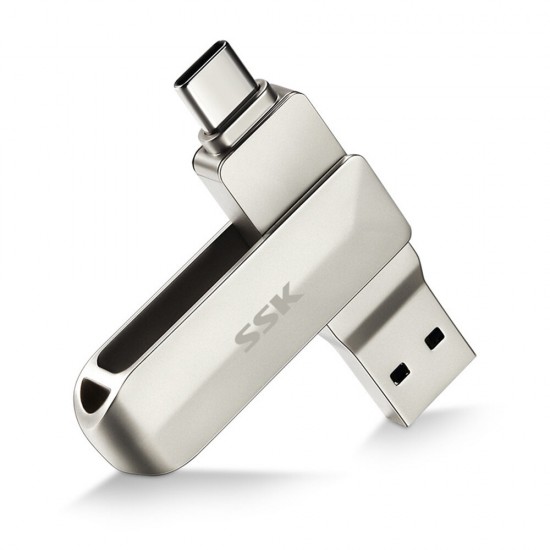 SSK 2 IN 1 Type-C USB 3.0 Flash Drive 360° Rotation Zinc Alloy USB Disk 32G 64G 128G 256G Portable Thumb Drive for Computer Phone SFD050