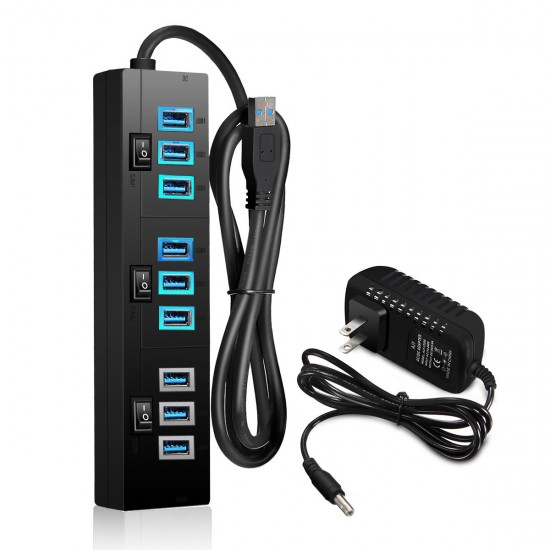 10 Port USB Hub 9 Port USB3.0 Data Hub + 1 Smart Charging Port with On/Off Switches Power Adapter 5V/4A Small USB Extension Hub