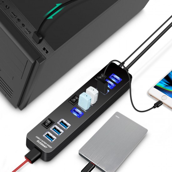 10 Port USB Hub 9 Port USB3.0 Data Hub + 1 Smart Charging Port with On/Off Switches Power Adapter 5V/4A Small USB Extension Hub