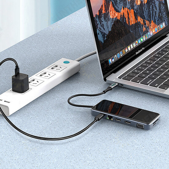 12 in 1 Type-C Docking Station USB-C Hub Splitter Adaptor with USB3.0*3 USB-C PD100W 100M RJ45 4K@30Hz Dual HDMI 1080P VGA 3.5mm Audio Digital Display