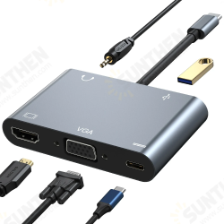 5-in-1 Type-C Docking Station USB-C Hub Splitter Adaptor with USB3.0 USB-C PD 100W 4K HDMI-Compatible 1080P VGA 3.5mm Audio for PC Computer Laptop 5-in-1 Type-C Docking Station USB-C Hub Splitter Adaptor with USB3.0 USB-C PD 100W 4K HDMI-Compatible 1080P VGA 3.5mm Audio for PC Computer Laptop