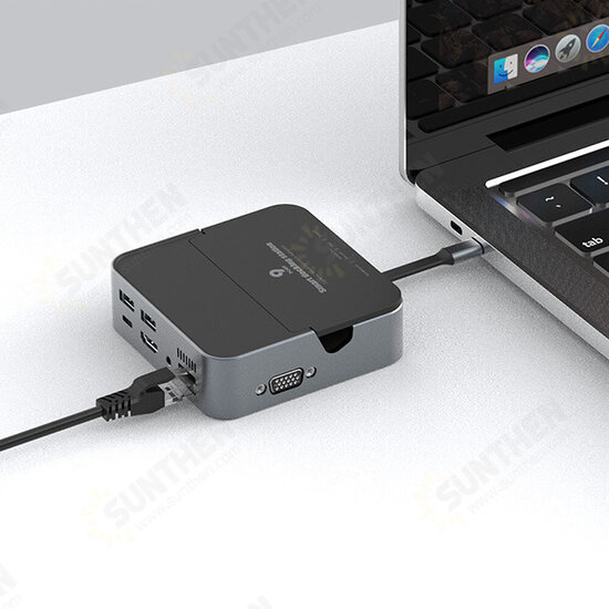 9 in 1 Type-C Docking Station USB3.0*2 PD100W 1080P VGA 4K@30Hz HDMI RJ45 3.5mm Audio Support SD/TF Card Reader Slot USB-C Hub Splitter Adaptor Charging Bracket