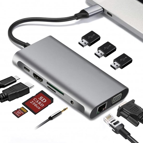 10 In 1 Triple Display USB Type-C Hub Docking Station Adapter