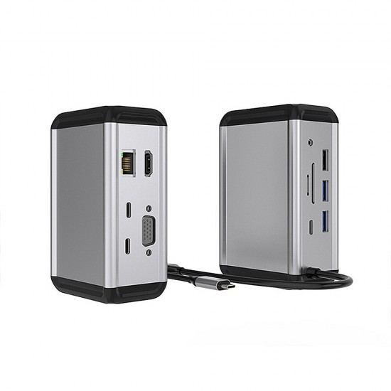 12-in-1 Type-C Docking Station with USB, HDMI, VGA, Audio Jack, RJ45, and Memory Card Readers.