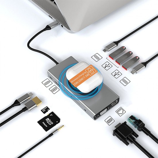 13-in-1 Type-C Docking Station USB-C Hub Splitter Adaptor with Multiport Connectivity