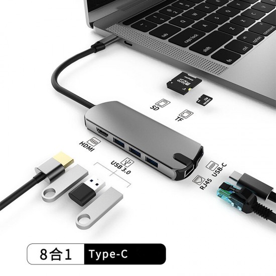 8 in 1 Type-C Docking Station USB-C Hub Splitter Adapter with USB3.0 USB-C PD 100W 4K HDMI RJ45 1000Mbps LAN Ethernet SD/TF Card Reader Slot