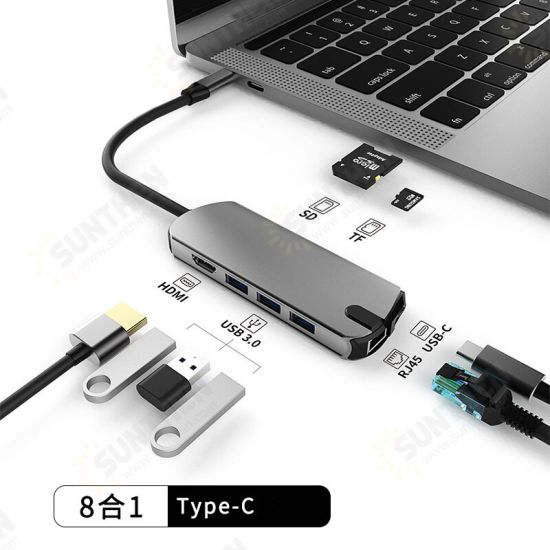 8 in 1 Type-C Docking Station USB-C Hub Splitter Adapter with USB3.0 USB-C PD 100W 4K HDMI RJ45 1000Mbps LAN Ethernet SD/TF Card Reader Slot