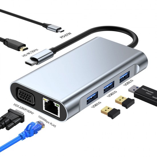 7 in 1 Type-C Docking Station USB-C Hub Adapter with USB3.0 USB-C PD 87W 4K HDMI-Compatible 1080P VGA RJ45 Gigabit LAN Ethernet