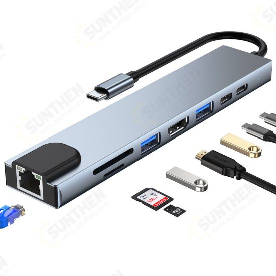 8 In 1 USB-C Hub Docking Station Type-C to USB3.0 USB2.0 PD 87W 4K HDMI-Compatible RJ45 100Mbps Ethernet SD/TF Card Reader Slot