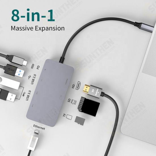 ULT-unite 8 in 1 Type-C Docking Station USB-C Hub Adapter with USB2.0 USB3.0 USB-C PD 100W 4K HDMI-Compatible RJ45 Gigabit LAN Ethernet TF/SD Card Reader