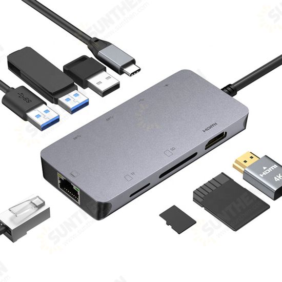 ULT-unite 8 in 1 Type-C Docking Station USB-C Hub Adapter with USB2.0 USB3.0 USB-C PD 100W 4K HDMI-Compatible RJ45 Gigabit LAN Ethernet TF/SD Card Reader