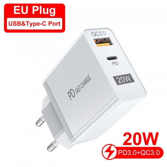20W QC3.0 PD USB Charger USB-C PD3.0 QC3.0 Fast Charging Wall Charger Adapter EU/US Plug For iPhone 13 13Pro Max DOOGEE OnePlusXiaomi