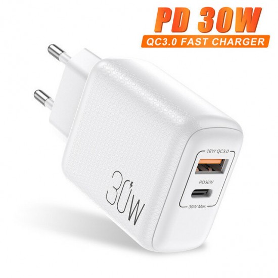 30W USB-C PD+QC3.0 2-Port Fast Charging Charger Adapter For iPhone 13 For iPhone 12 Pro Max For DOOGEE S88 Pro For OnePlus 9Pro For Xiaomi MI10