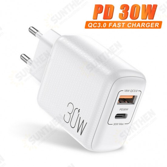 30W USB-C PD+QC3.0 2-Port Fast Charging Charger Adapter For iPhone 13 For iPhone 12 Pro Max For DOOGEE S88 Pro For OnePlus 9Pro For Xiaomi MI10