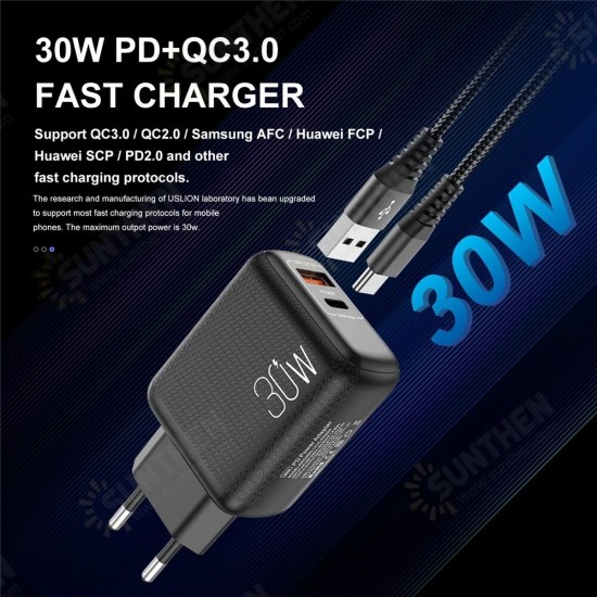 30W USB-C PD+QC3.0 2-Port Fast Charging Charger Adapter For iPhone 13 For iPhone 12 Pro Max For DOOGEE S88 Pro For OnePlus 9Pro For Xiaomi MI10