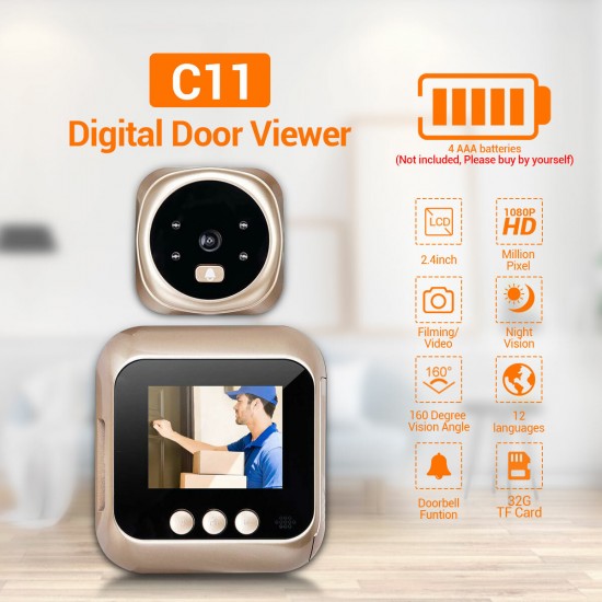 C11 HD 1080P 2.4inch LCD Screen Cat's Eye Camera Doorbell with 4PCS LED Night Vision Function