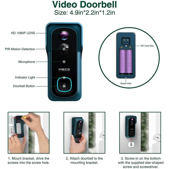 Video Doorbell Wireless 1080P Wireless Doorbell Camera with Chime WiFi Smart Doorbell Night Vision IP65 Waterproof 166°Wide Angle 2 Way Audio Doorbell