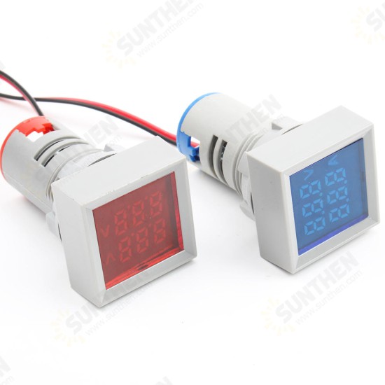 22mm AC 50-500V 0-100A Mini Digital square Voltmeter Ammeter Volt Voltage Tester Meter Dual LED Indicator Pilo t Lamp Light Dual