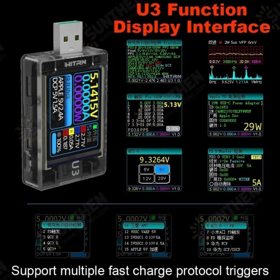 U3 USB Tester DC4~ 24V Current Voltage Meter QC5 PD3.0 2.0 PPS Fast Charging Protocol Capacity PD Trigger Monitor Ripple Spectrum U3 USB Tester DC4~ 24V Current Voltage Meter QC5 PD3.0 2.0 PPS Fast Charging Protocol Capacity PD Trigger Monitor Ripple Spectrum