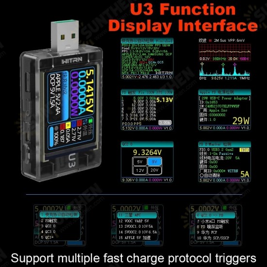 U3 USB Tester DC4~ 24V Current Voltage Meter QC5 PD3.0 2.0 PPS Fast Charging Protocol Capacity PD Trigger Monitor Ripple Spectrum