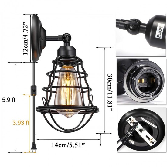 AC110V E27 American Style Retro Wall Lamp Industrial Wrought Iron Lampshade with Switch US Plug