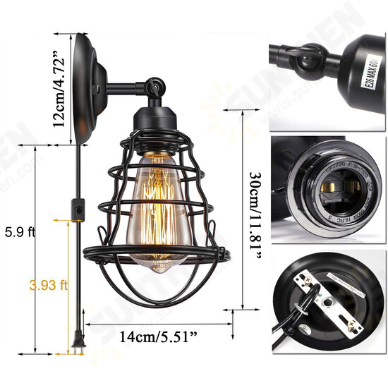 AC110V E27 American Style Retro Wall Lamp Industrial Wrought Iron Lampshade with Switch US Plug