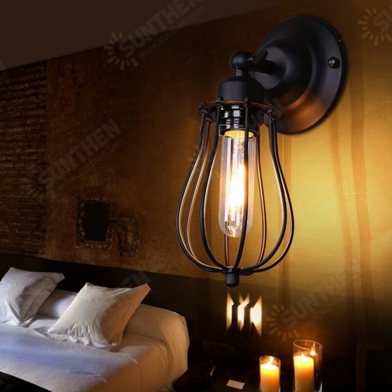 E27 40W Rustic Vintage Wall Light Industrial Style Iron Sconce Lamp Wired Cage Fixture 220V