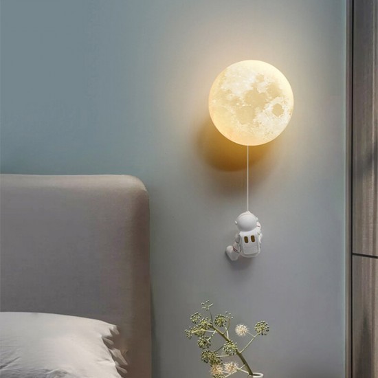 Moon Wall Lamp Modern Simple Creative Astronaut Cartoon Wall Lights 3-Level Dimming Suitable For Children's Room Bedroom Bedside Background Decor Lamp