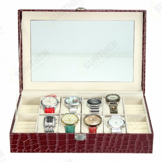 Brown 12 Slots Crocodile Pattern Watch Box with Pillow