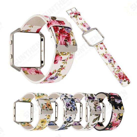 Floral PU Leather Strap Sport Band Loop With Frame For Fitbit Blaze Tracker