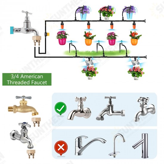 Drip Irrigation Kit 59FT/18m Garden Watering System Greenhouse Patio Automatic Irrigation Kits with Double-way Brass Threaded Connector & 4 Kinds of Sprayers Easy Install Control