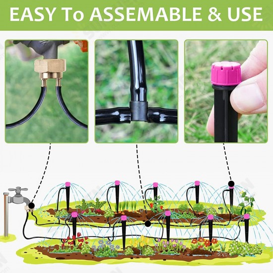 Drip Irrigation Kit 59FT/18m Garden Watering System Greenhouse Patio Automatic Irrigation Kits with Double-way Brass Threaded Connector & 4 Kinds of Sprayers Easy Install Control