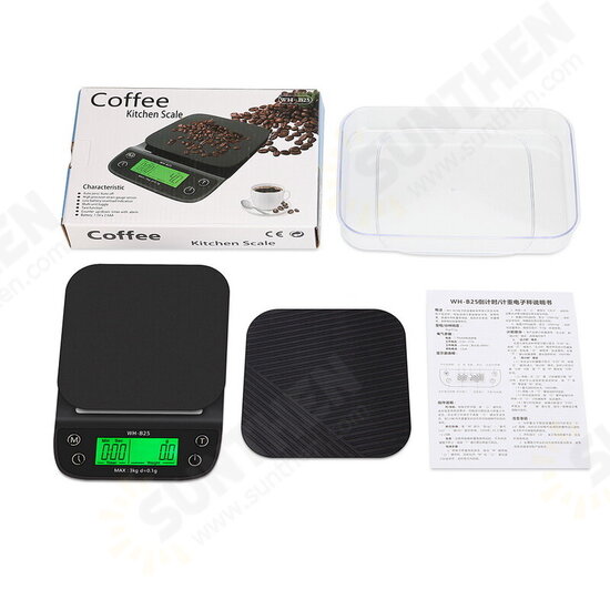 WH-B25L Coffee Scale 3kg/0.1g Coffee Scale with Timer Portable Electronic Digital Kitchen Scale High Precision LCD Scales