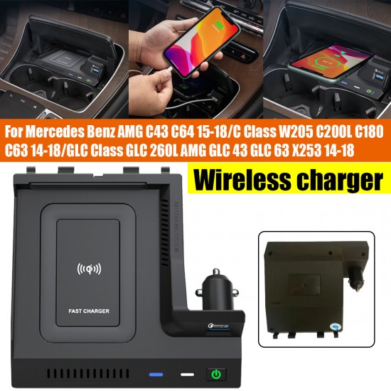 10W Car Charger with Wireless Charger for Mercedes Benz AMG C43 C64 C Class W205 C200L C180 C63GLC Cl