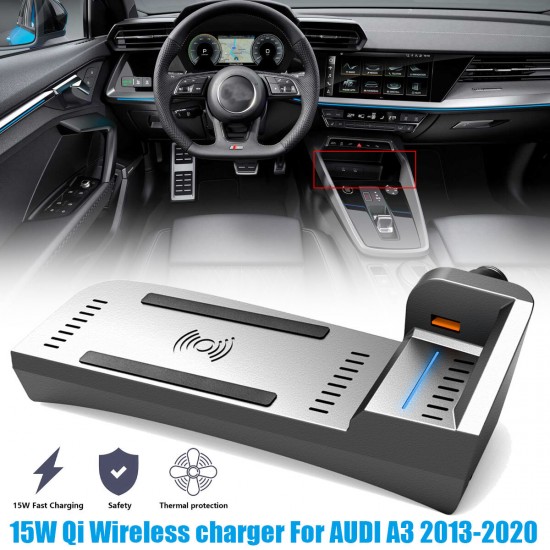 15W Fast Car Wireless Charger Wireless Charging Pad For AUDI A3 2013-2020 For Qi-enabled Smart Phones iPhone Samsung Ultra Huawei Pro Mi10