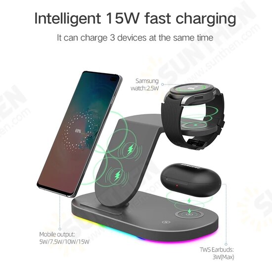 3In1 15W 10W 7.5W 5W Wireless Charger Stand Fast Charging Holder Samsung Galaxy S21 Galaxy Watch Active Galaxy Buds iPhone 13 AirPods Pro Huawei