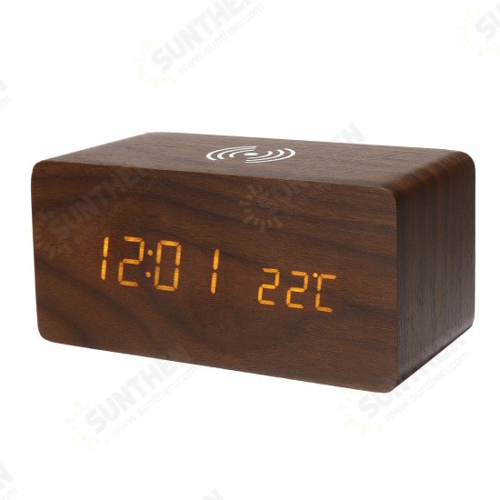 3 in 1 Wireless Charger & LED Digital Alarm Clock & Thermometer Modern Wooden