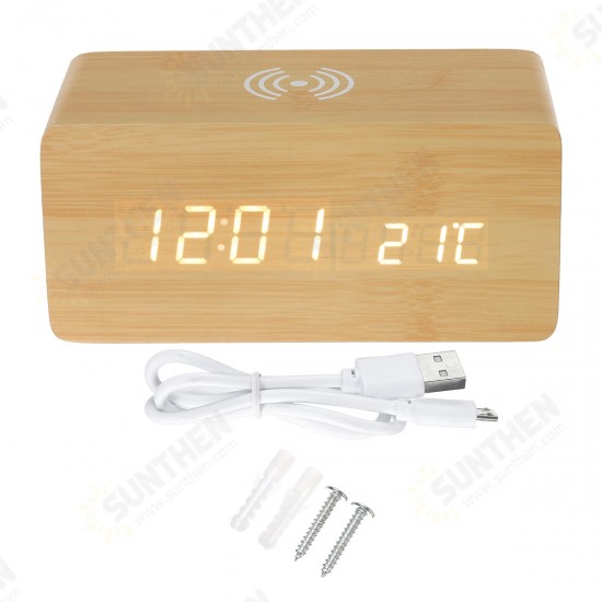 3 in 1 Wireless Charger & LED Digital Alarm Clock & Thermometer Modern Wooden